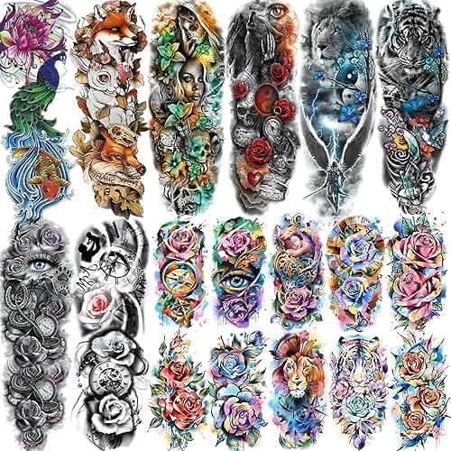 GOROMON 18 Sheets Large Full Arm Temporary Tattoos For Adults, 8 Sheets Peocock Lion Wolf Tiger Compass Flower Fake Sleeve Tattoos For Women Thigh, 10 Sheets Watercolor Rose Half Arm Tatoos Stickers - Image 1