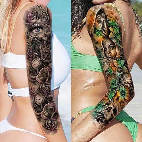 GOROMON 18 Sheets Large Full Arm Temporary Tattoos For Adults, 8 Sheets Peocock Lion Wolf Tiger Compass Flower Fake Sleeve Tattoos For Women Thigh, 10 Sheets Watercolor Rose Half Arm Tatoos Stickers - Image 2
