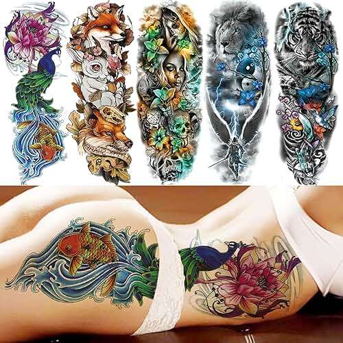 GOROMON 18 Sheets Large Full Arm Temporary Tattoos For Adults, 8 Sheets Peocock Lion Wolf Tiger Compass Flower Fake Sleeve Tattoos For Women Thigh, 10 Sheets Watercolor Rose Half Arm Tatoos Stickers - Image 3