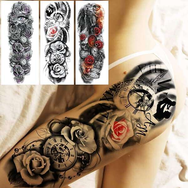 GOROMON 18 Sheets Large Full Arm Temporary Tattoos For Adults, 8 Sheets Peocock Lion Wolf Tiger Compass Flower Fake Sleeve Tattoos For Women Thigh, 10 Sheets Watercolor Rose Half Arm Tatoos Stickers - Image 4