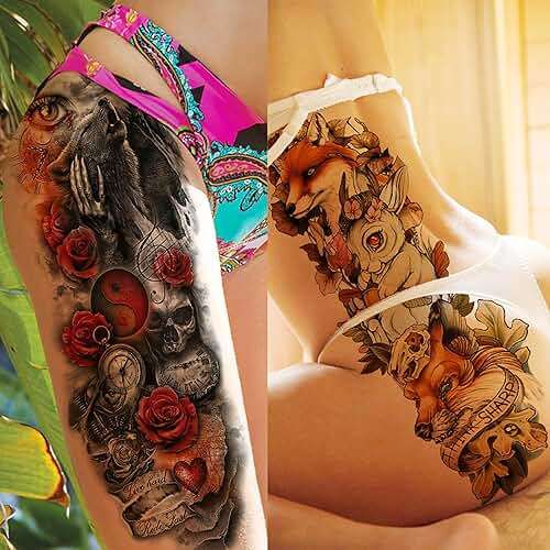 GOROMON 18 Sheets Large Full Arm Temporary Tattoos For Adults, 8 Sheets Peocock Lion Wolf Tiger Compass Flower Fake Sleeve Tattoos For Women Thigh, 10 Sheets Watercolor Rose Half Arm Tatoos Stickers - Image 5
