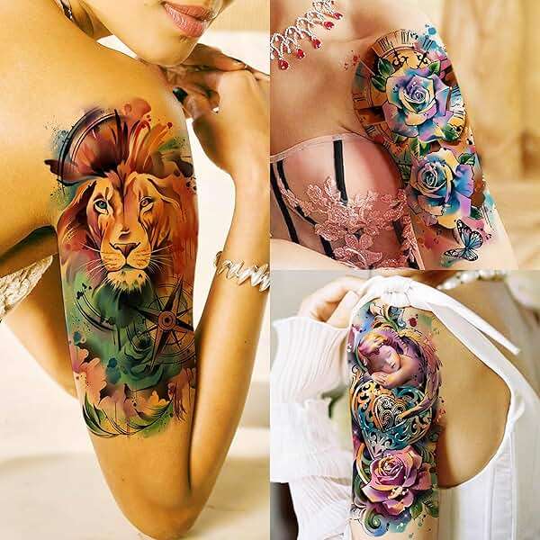 GOROMON 18 Sheets Large Full Arm Temporary Tattoos For Adults, 8 Sheets Peocock Lion Wolf Tiger Compass Flower Fake Sleeve Tattoos For Women Thigh, 10 Sheets Watercolor Rose Half Arm Tatoos Stickers - Image 6