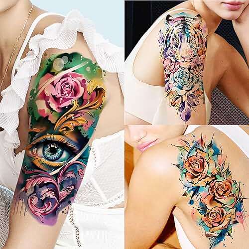 GOROMON 18 Sheets Large Full Arm Temporary Tattoos For Adults, 8 Sheets Peocock Lion Wolf Tiger Compass Flower Fake Sleeve Tattoos For Women Thigh, 10 Sheets Watercolor Rose Half Arm Tatoos Stickers - Image 7