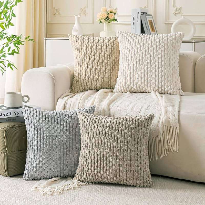 Cozoomy Set of 4 Neutral Decorative Throw Pillow Covers 18x18 Inch Corduroy Pillow Covers for Bed Couch Sofa Living Room Soft Square Cushion Cases - Image 1