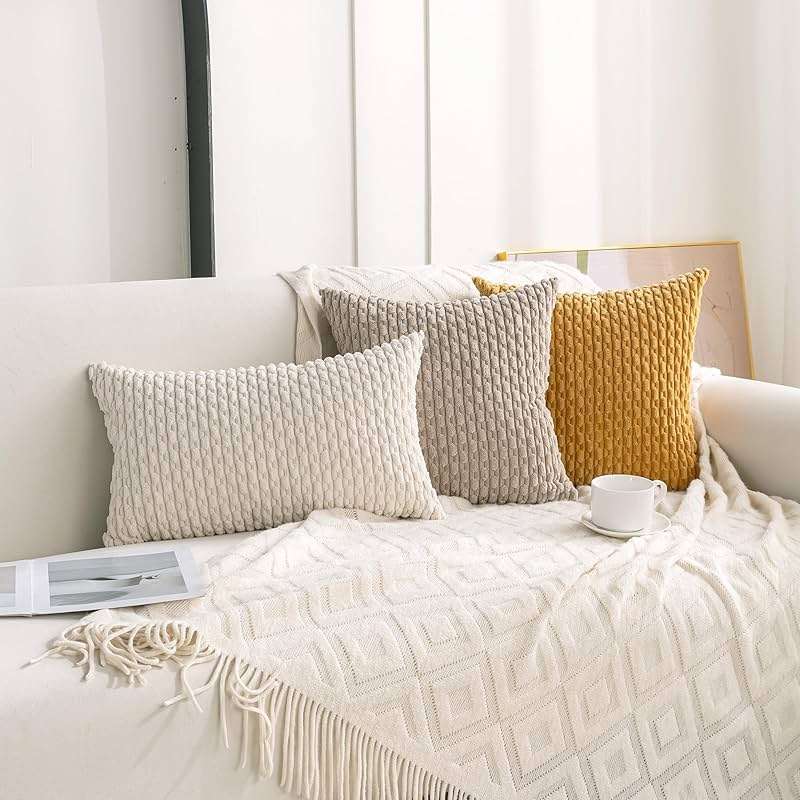 Cozoomy Set of 4 Neutral Decorative Throw Pillow Covers 18x18 Inch Corduroy Pillow Covers for Bed Couch Sofa Living Room Soft Square Cushion Cases - Image 3