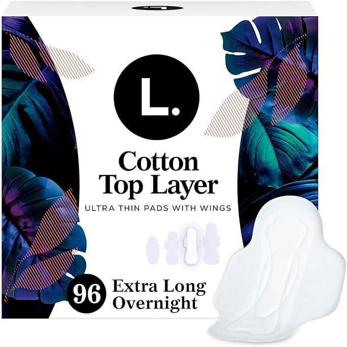 L. Ultra Thin Pads for Women, Overnight Absorbency, Organic Cotton Top Layer, Unscented Pads with Wings, 96 Count (4 Packs of 24) - Image 1