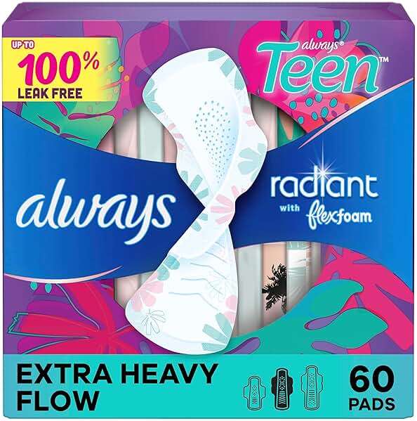 Always Radiant Teen Pads, Size 3, Extra Heavy, with Wings, Unscented, 60 Count (3 Packs of 20) - Image 1