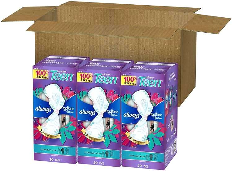 Always Radiant Teen Pads, Size 3, Extra Heavy, with Wings, Unscented, 60 Count (3 Packs of 20) - Image 10