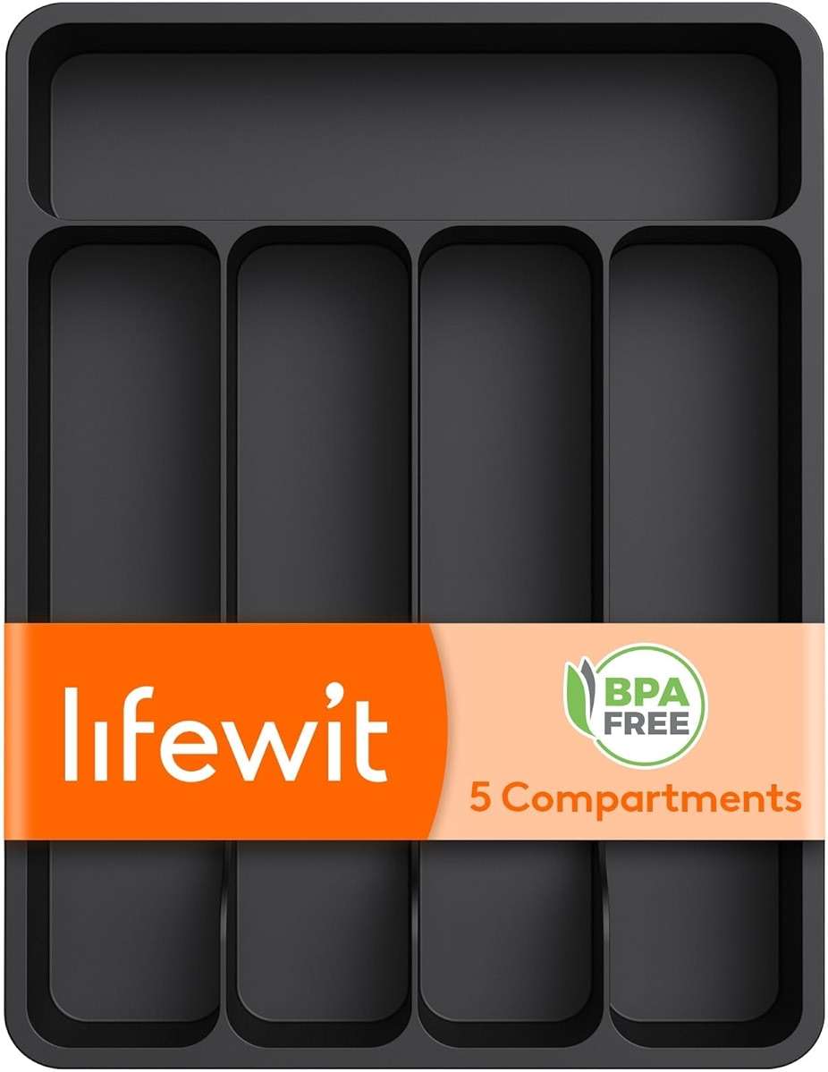 Lifewit Silverware Drawer Organizer Tray, Plastic Cutlery Storage for Kitchen, Flatware and Utensil Holder Divider for Spoons Forks Knives Tableware, 9.1 x 12.6", 5 Slots, Black - Image 1