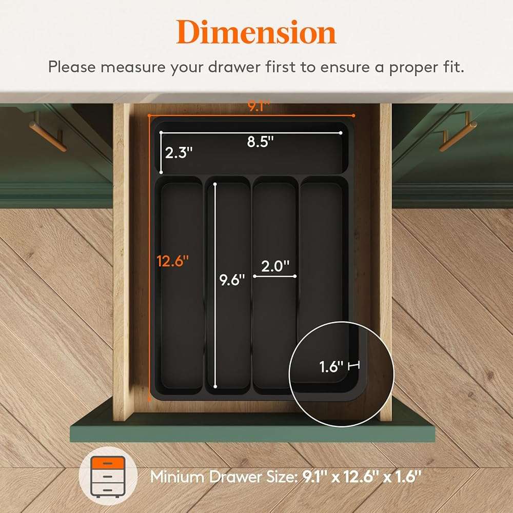Lifewit Silverware Drawer Organizer Tray, Plastic Cutlery Storage for Kitchen, Flatware and Utensil Holder Divider for Spoons Forks Knives Tableware, 9.1 x 12.6", 5 Slots, Black - Image 2