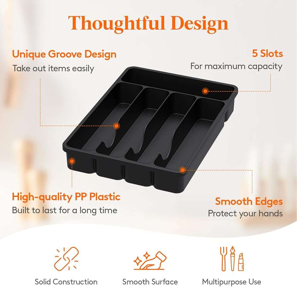 Lifewit Silverware Drawer Organizer Tray, Plastic Cutlery Storage for Kitchen, Flatware and Utensil Holder Divider for Spoons Forks Knives Tableware, 9.1 x 12.6", 5 Slots, Black - Image 3