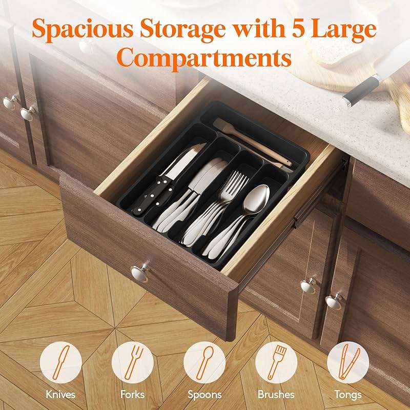 Lifewit Silverware Drawer Organizer Tray, Plastic Cutlery Storage for Kitchen, Flatware and Utensil Holder Divider for Spoons Forks Knives Tableware, 9.1 x 12.6", 5 Slots, Black - Image 4