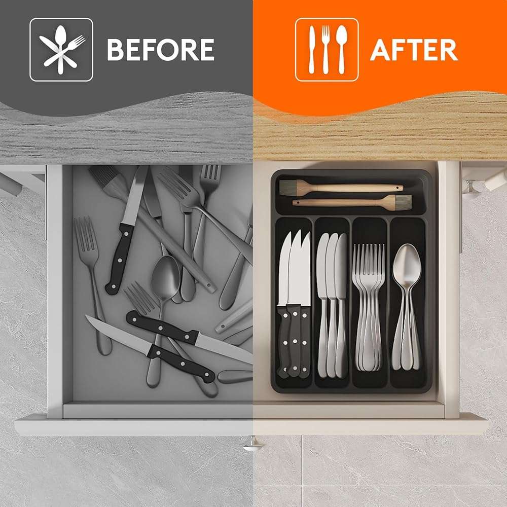 Lifewit Silverware Drawer Organizer Tray, Plastic Cutlery Storage for Kitchen, Flatware and Utensil Holder Divider for Spoons Forks Knives Tableware, 9.1 x 12.6", 5 Slots, Black - Image 6