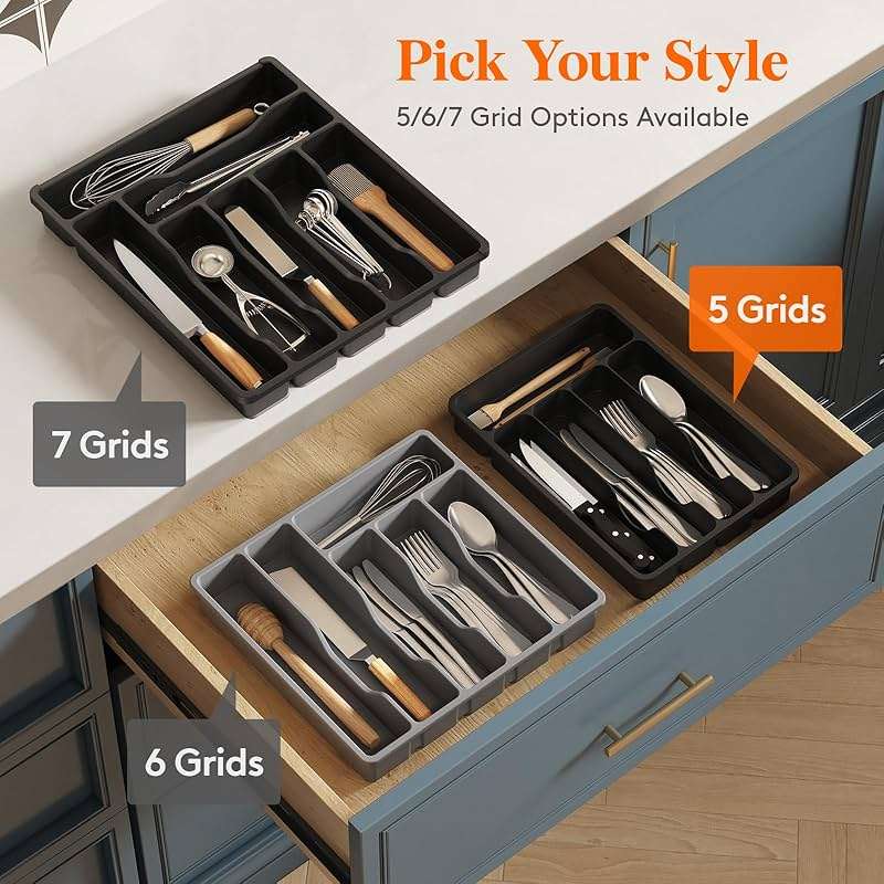 Lifewit Silverware Drawer Organizer Tray, Plastic Cutlery Storage for Kitchen, Flatware and Utensil Holder Divider for Spoons Forks Knives Tableware, 9.1 x 12.6", 5 Slots, Black - Image 7
