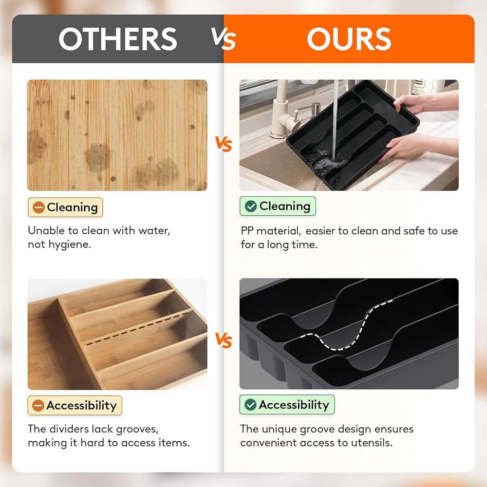 Lifewit Silverware Drawer Organizer Tray, Plastic Cutlery Storage for Kitchen, Flatware and Utensil Holder Divider for Spoons Forks Knives Tableware, 9.1 x 12.6", 5 Slots, Black - Image 8