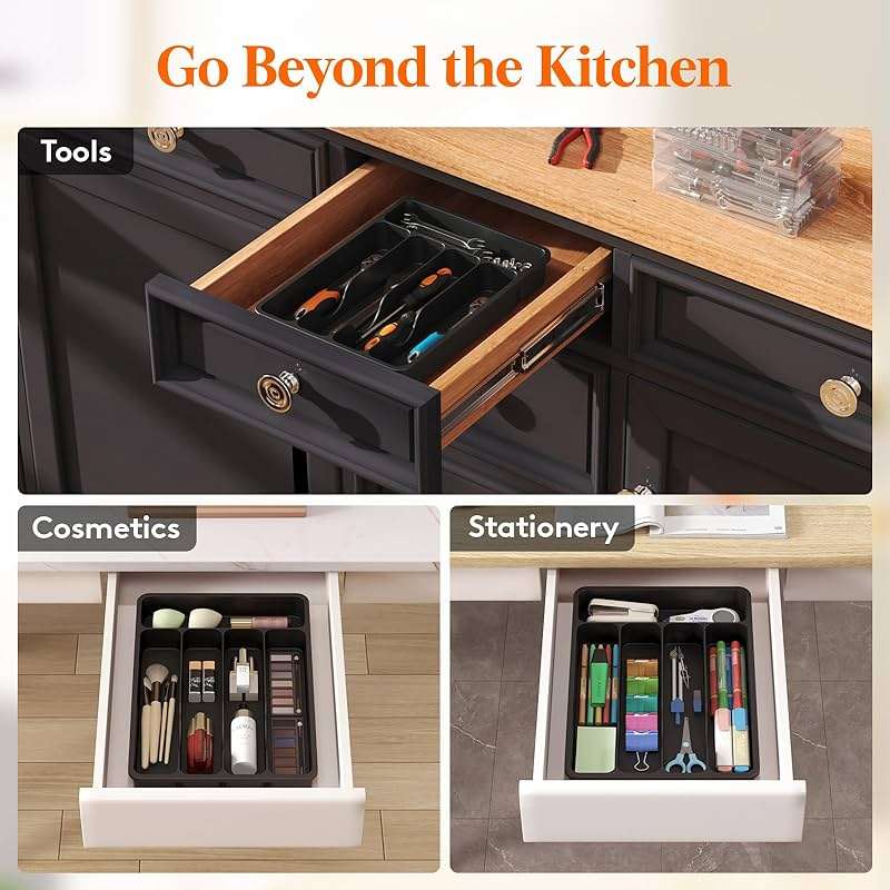 Lifewit Silverware Drawer Organizer Tray, Plastic Cutlery Storage for Kitchen, Flatware and Utensil Holder Divider for Spoons Forks Knives Tableware, 9.1 x 12.6", 5 Slots, Black - Image 9