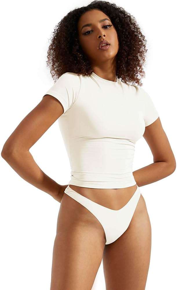 SUUKSESS Women Double Lined Fitted Basic Tee Crew Neck Short Sleeve Y2K Crop Top - Image 3