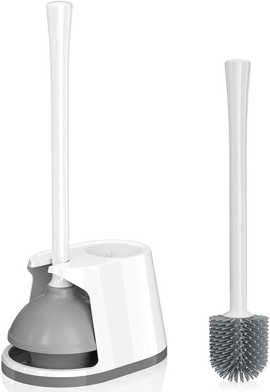 Toilet Plunger and Brush Set, Silicone Bowl Brush and Heavy Duty Toilet Plunger with Ventilated Holder, 2-in-1 Toilet Brush and Plunger Combo for 5.3-inch Toilet Drain Bathroom Deeply Cleaning - Image 1