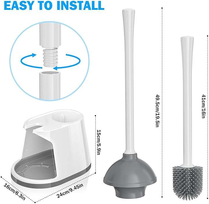 Toilet Plunger and Brush Set, Silicone Bowl Brush and Heavy Duty Toilet Plunger with Ventilated Holder, 2-in-1 Toilet Brush and Plunger Combo for 5.3-inch Toilet Drain Bathroom Deeply Cleaning - Image 3
