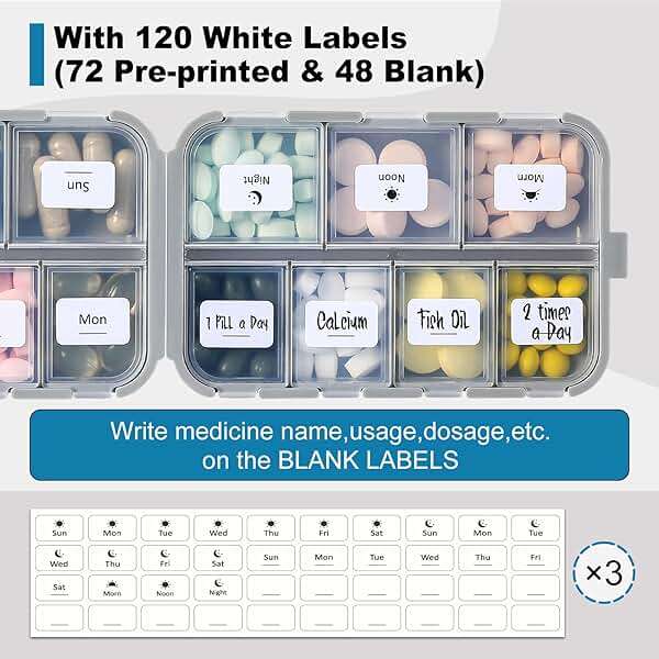 LANDNEOO 14 Grids Pill Organizer Box with Labels, Travel Medication Holder Dispenser Case Kit, Pocket Daily Pharmacy Container for Fish Oil Vitamin Supplement Storage, Khaki Pink Grey, 3 Pack - Image 5