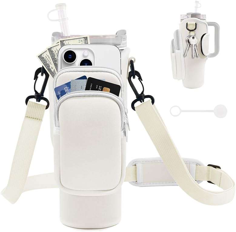 JEBEALUO Water Bottle Carrier Bag with Phone Pocket for Stanley Cup 40/30 oz, Water Bottle Holder with Adjustable Strap& Straw Cover, Stanley Cup Accessories - Image 1