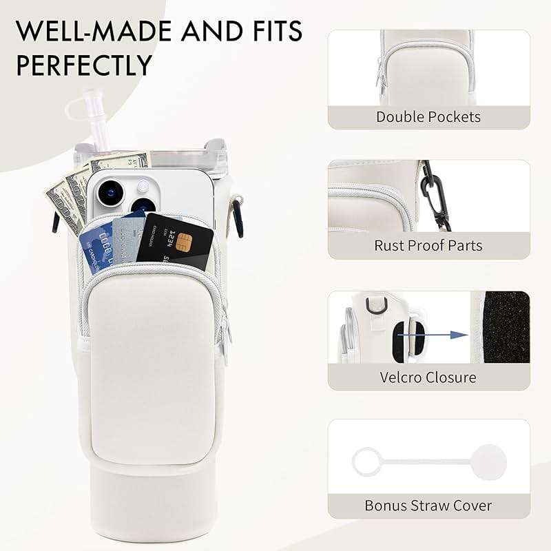 JEBEALUO Water Bottle Carrier Bag with Phone Pocket for Stanley Cup 40/30 oz, Water Bottle Holder with Adjustable Strap& Straw Cover, Stanley Cup Accessories - Image 8