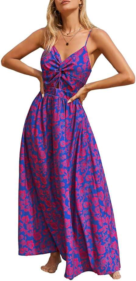 CUPSHE Women's Maxi Dress Floral Print Twisted V Neck Sleeveless Long Dress Summer Casual Dress - Image 1