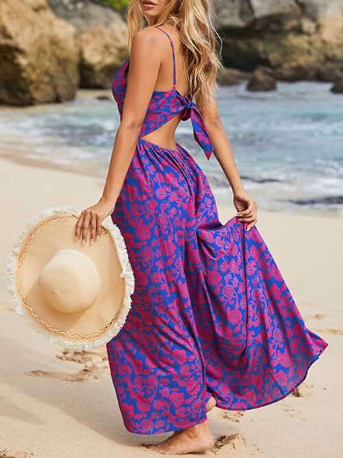 CUPSHE Women's Maxi Dress Floral Print Twisted V Neck Sleeveless Long Dress Summer Casual Dress - Image 3