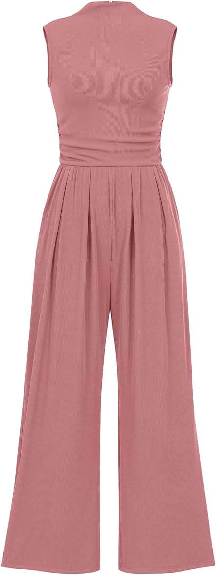 PRETTYGARDEN Womens Summer Jumpsuits Dressy Casual One Piece Outfits Sleeveless Mock Neck Wide Leg Pants Rompers with Pockets - Image 1