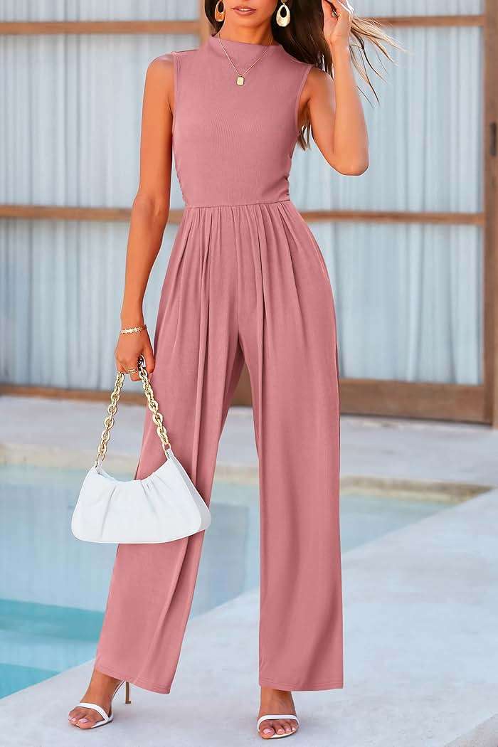 PRETTYGARDEN Womens Summer Jumpsuits Dressy Casual One Piece Outfits Sleeveless Mock Neck Wide Leg Pants Rompers with Pockets - Image 3