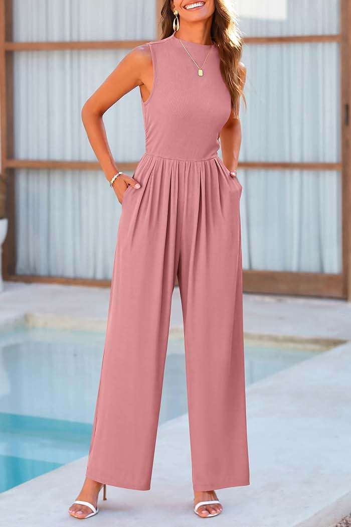 PRETTYGARDEN Womens Summer Jumpsuits Dressy Casual One Piece Outfits Sleeveless Mock Neck Wide Leg Pants Rompers with Pockets - Image 6