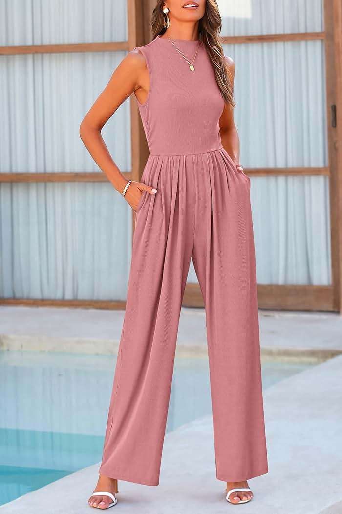 PRETTYGARDEN Womens Summer Jumpsuits Dressy Casual One Piece Outfits Sleeveless Mock Neck Wide Leg Pants Rompers with Pockets - Image 7