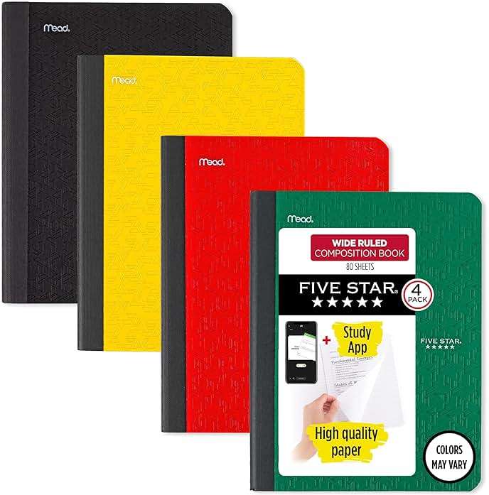 Five Star Composition Book + Study App, 4 Pack, Wide Ruled Paper, 7-1/2" x 9-3/4", 80 Sheets, Forest Green, Tidewater Blue, Fire Red and Harvest Yellow (950033B-ECM) - Image 1