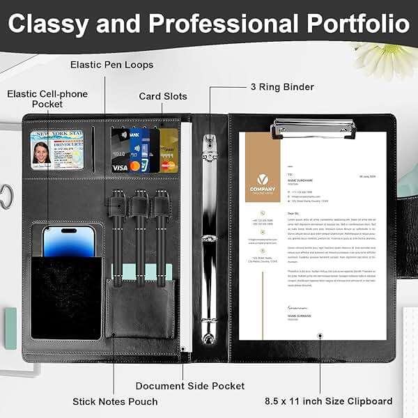 TESRAB 3 Ring Portfolio Binder Folder Faux Leather Padfolio Business Portfolio Organizer A4 Letter Size with Strong Magnetic Closure for Meeting,Presentation,Traveling,Wedding - Image 4