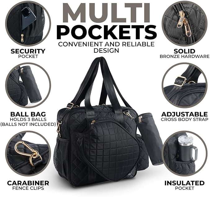 IZARI Designer Pickleball Bag For Women With Fence Hook | Original Stylish Quilted Sports Bag for Pickle Ball with Ball Bag - Image 4