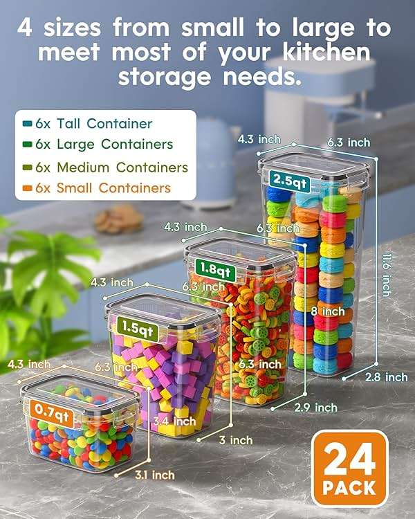 Airtight Food Storage Containers with Lids, 24 PCS Kitchen and Pantry Organization Canisters, BPA-Free, PVC-Free, Food-grade Plastic Leak-proof Jars for Cereal, Flour, Sugar, Extra 24 Labels & Marker - Image 3