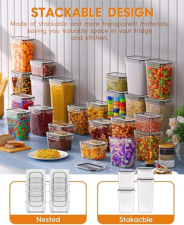 Airtight Food Storage Containers with Lids, 24 PCS Kitchen and Pantry Organization Canisters, BPA-Free, PVC-Free, Food-grade Plastic Leak-proof Jars for Cereal, Flour, Sugar, Extra 24 Labels & Marker - Image 7
