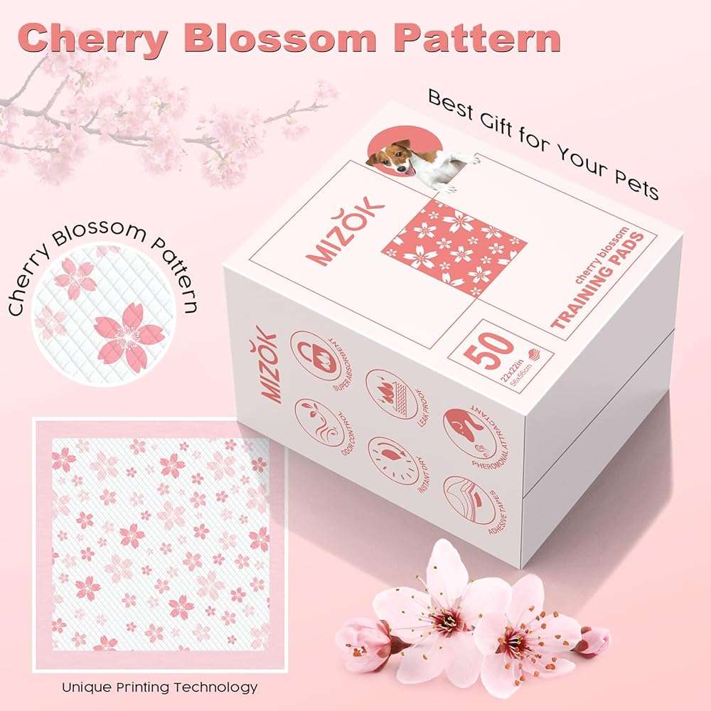 MIZOK Puppy Pads Pink 22x22in, Quick-Dry Puppy Training Pads with Pheromone Attractant, Decorative Cherry Blossom 6-Layer Heavy Duty Leak-Proof Pet Pads, Disposable (50 Count) - Image 2