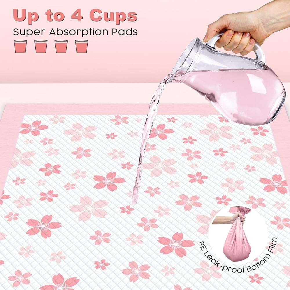 MIZOK Puppy Pads Pink 22x22in, Quick-Dry Puppy Training Pads with Pheromone Attractant, Decorative Cherry Blossom 6-Layer Heavy Duty Leak-Proof Pet Pads, Disposable (50 Count) - Image 4