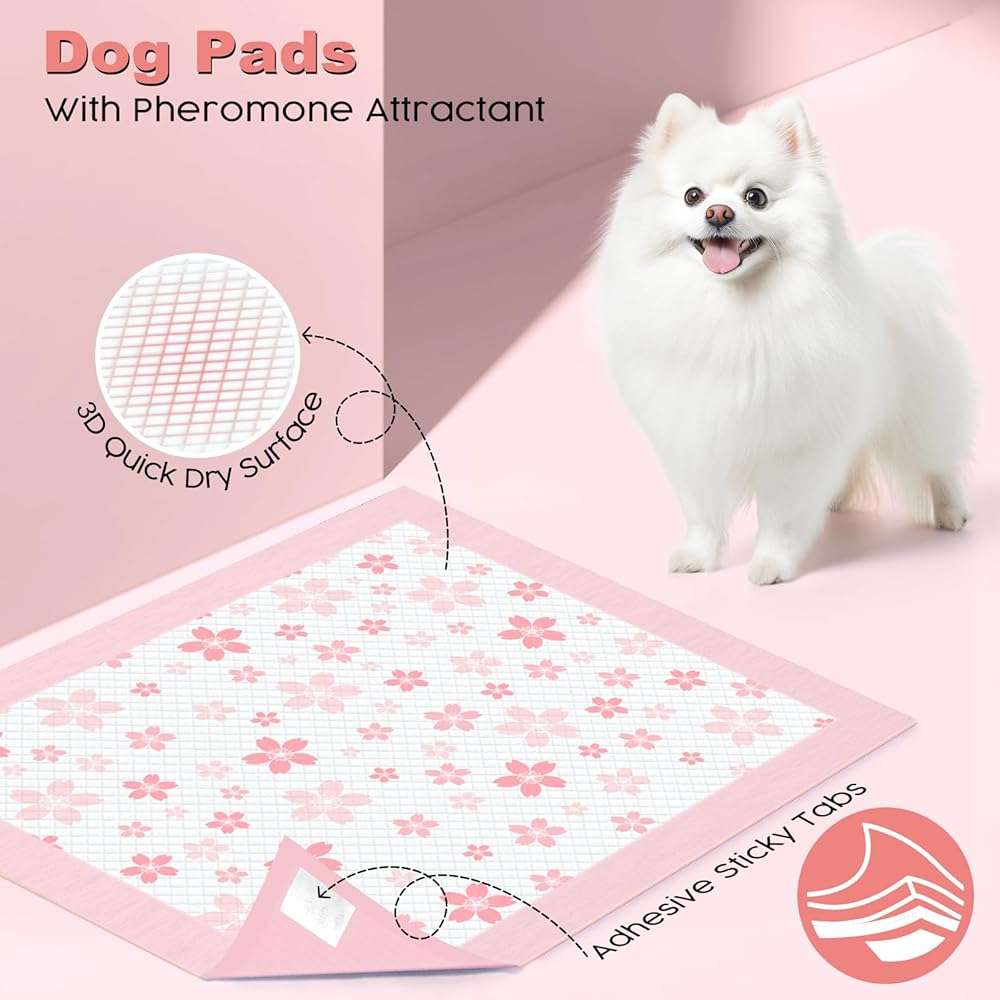 MIZOK Puppy Pads Pink 22x22in, Quick-Dry Puppy Training Pads with Pheromone Attractant, Decorative Cherry Blossom 6-Layer Heavy Duty Leak-Proof Pet Pads, Disposable (50 Count) - Image 6