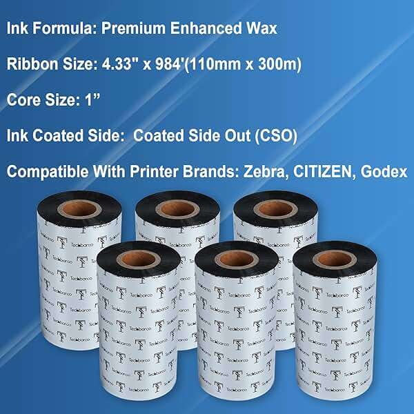 6 Rolls 4.33" x 984' Premium Enhanced Wax Thermal Transfer Ribbon, 110mm x 300m Black Industrial Barcode Label Printer Ribbon - Compatible with Zebra, TSC, GoDex, Citizen, 1" Core - Image 3