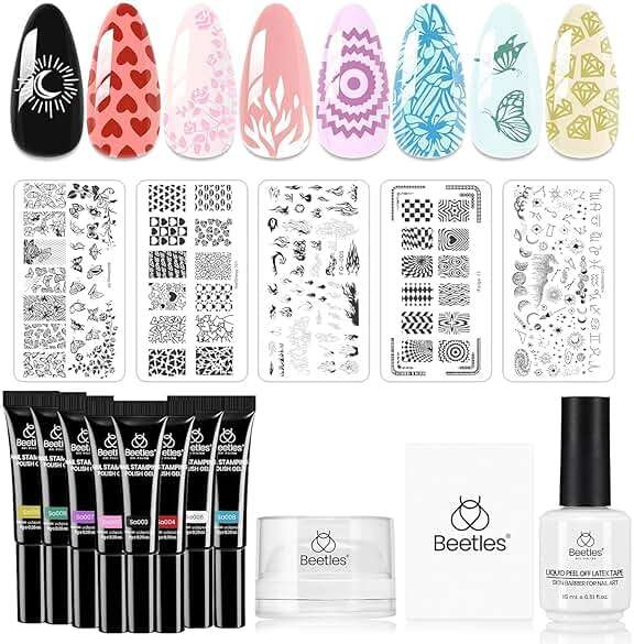 Beetles Nail Stamp Gel 16Pcs French Tip Nail Stamp Kit with 8 Colors Stamper Gel Polish, 5 Nails Stamping Templates, Scrapers, Liquid Latex & Short Silicone Stamper Gift for Women - Image 1