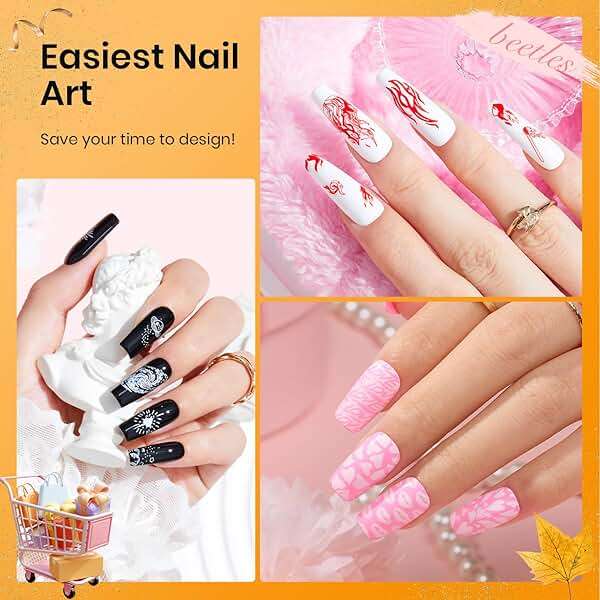 Beetles Nail Stamp Gel 16Pcs French Tip Nail Stamp Kit with 8 Colors Stamper Gel Polish, 5 Nails Stamping Templates, Scrapers, Liquid Latex & Short Silicone Stamper Gift for Women - Image 2