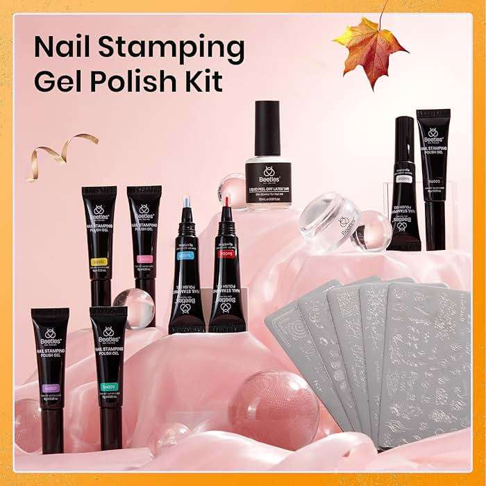 Beetles Nail Stamp Gel 16Pcs French Tip Nail Stamp Kit with 8 Colors Stamper Gel Polish, 5 Nails Stamping Templates, Scrapers, Liquid Latex & Short Silicone Stamper Gift for Women - Image 3