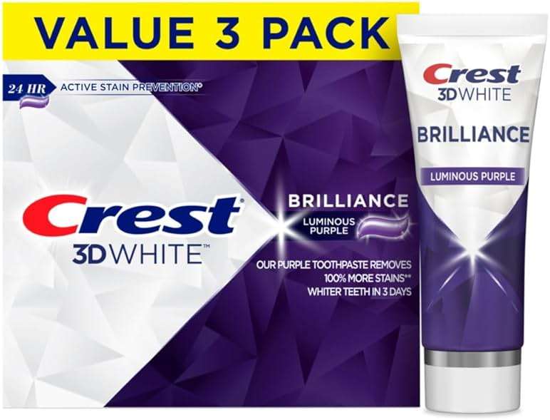 Crest 3D White Brilliance Luminous Purple Teeth Whitening Toothpaste, 4.6 oz Pack of 3, Anticavity Fluoride Toothpaste, Fights 100% More Surface Stains, 24 Hour Active Stain Prevention - Image 1