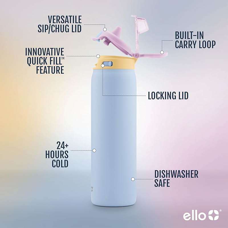 Ello Pop & Fill Insulated Stainless Steel Water Bottle with Quick Fill Lid, Leakproof Locking, Sip or Chug Spout, BPA-Free, Double Wall Vacuum Insulated for Sports, Travel & School- 22oz / 32oz / 40oz - Image 3