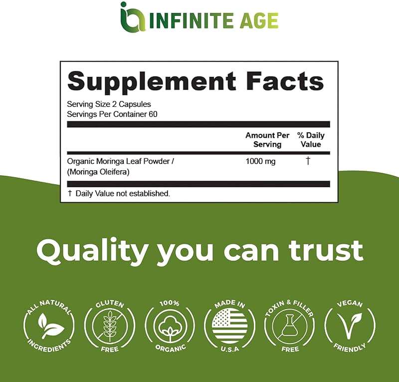 INFINITE AGE 1000mg Organic Moringa Leaf Powder Capsules, 60 Count - Made in The USA, Vegan, Gluten Free, All-Natural - Antioxidants, Liver and Kidney Support Supplement - Image 4