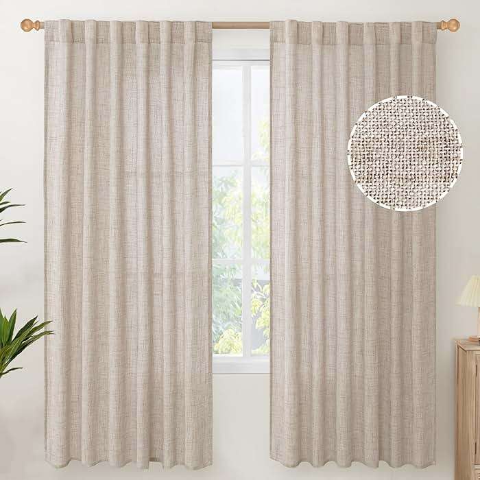 YoungsTex Linen Semi Sheer Curtains 72 Inch Length 2 Panels - Light Filtering Drapes with Rod Pocket Back Tab Rustic Beige Window Treatments for Living Room Dining Bedroom, 52 X 72 Inch - Image 1