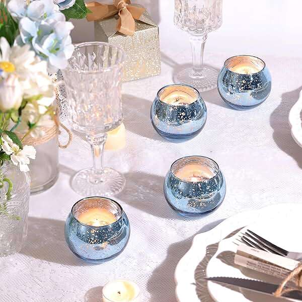 LAMORGIFT 36 Pcs Blue Votive Candle Holders - Mercury Glass Tealight Holders for Dusty Blue Wedding Decor, Centerpiece Table Decorations - Image 5