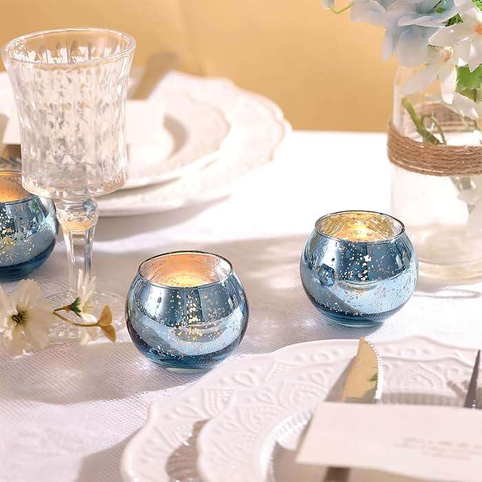 LAMORGIFT 36 Pcs Blue Votive Candle Holders - Mercury Glass Tealight Holders for Dusty Blue Wedding Decor, Centerpiece Table Decorations - Image 6